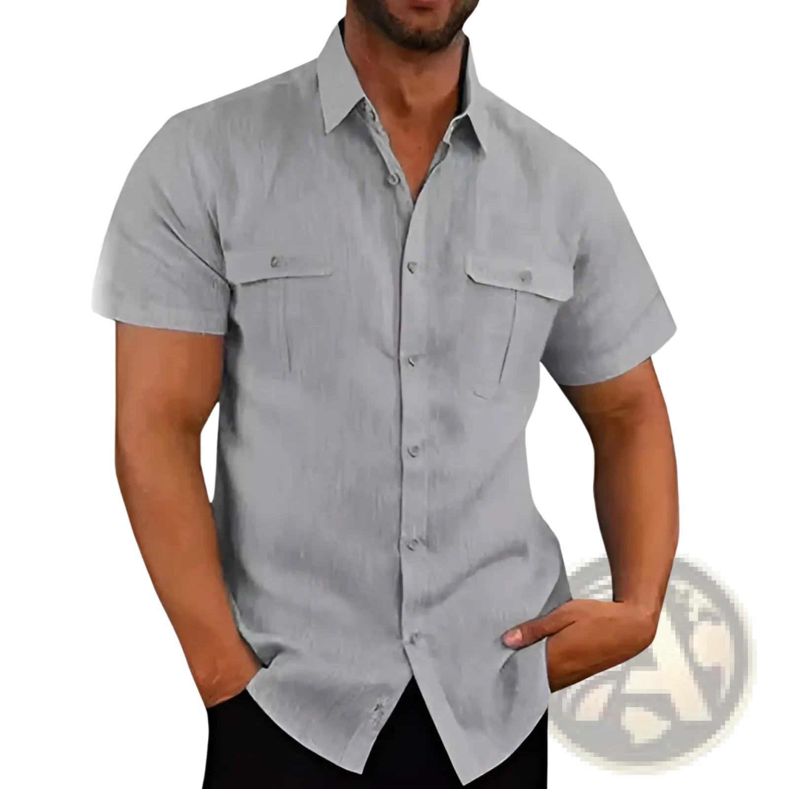 Men linen short sleeve shirt in light gray with double chest pockets and subtle textured fabric for casual summer wear