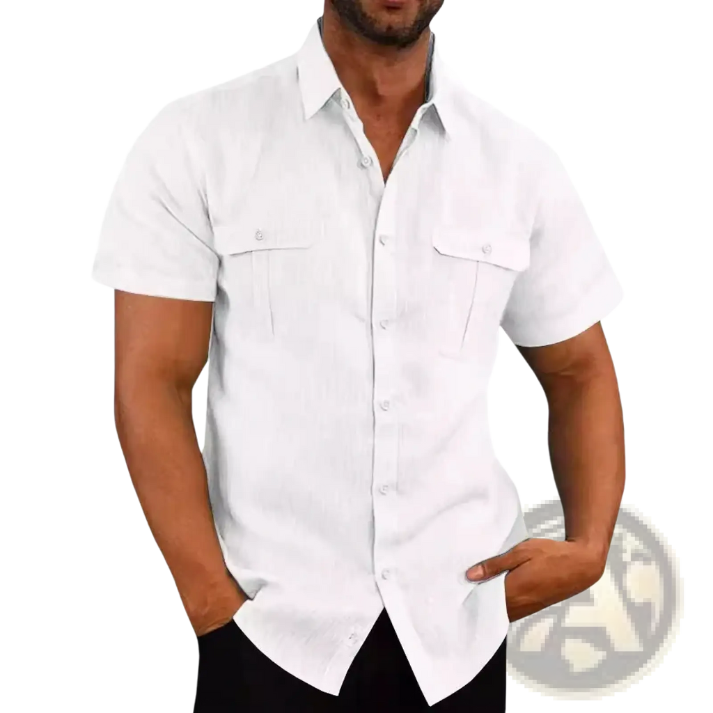 Men linen short sleeve shirt in white with two chest pockets casual summer button-up design