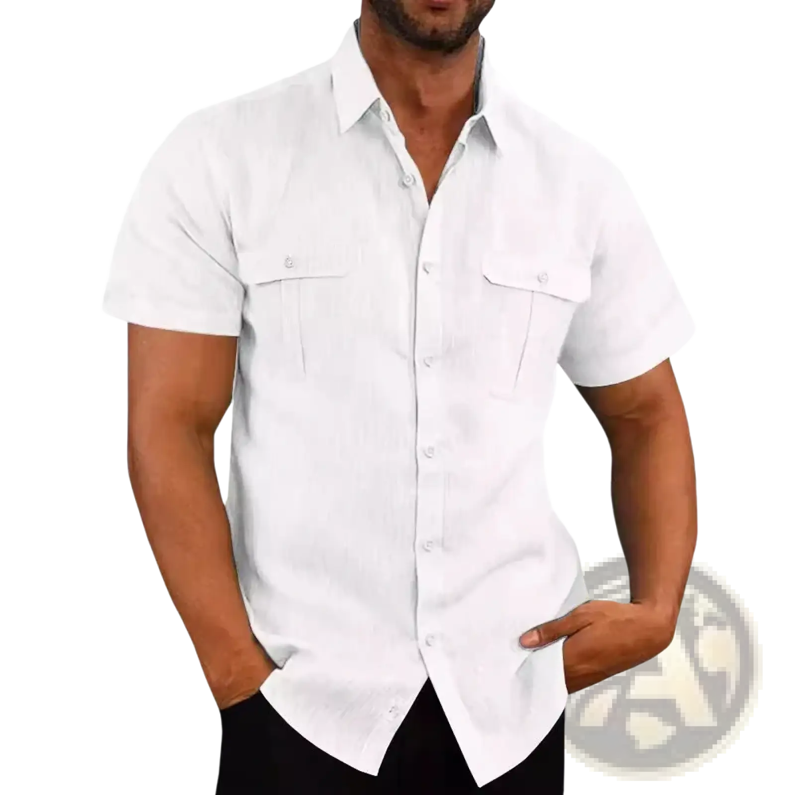 Men linen short sleeve shirt in white with two chest pockets casual summer button-up design