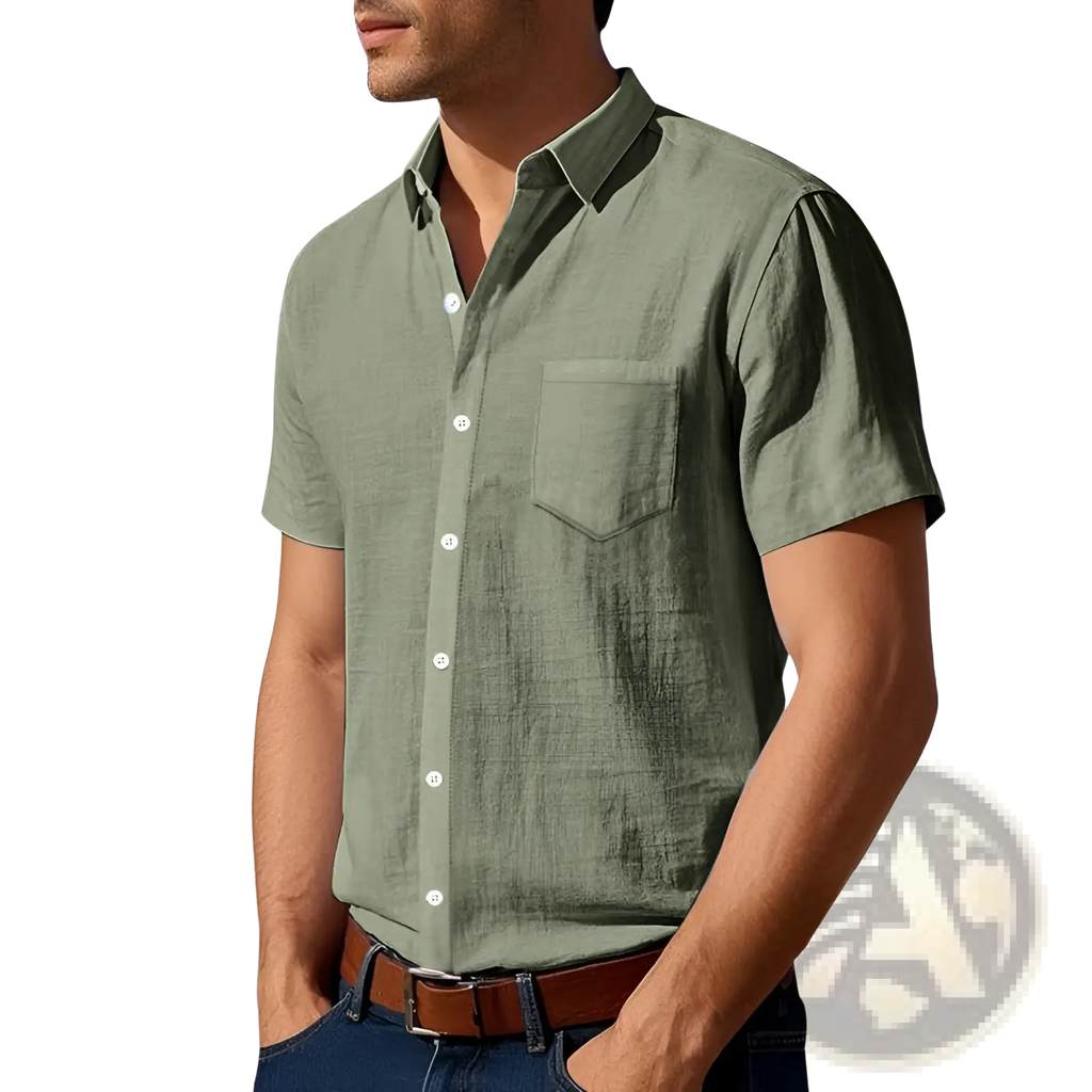 Olive green men linen short sleeve shirt with white buttons and chest pocket casual button down design