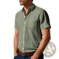 Olive green men linen short sleeve shirt with white buttons and chest pocket casual button down design