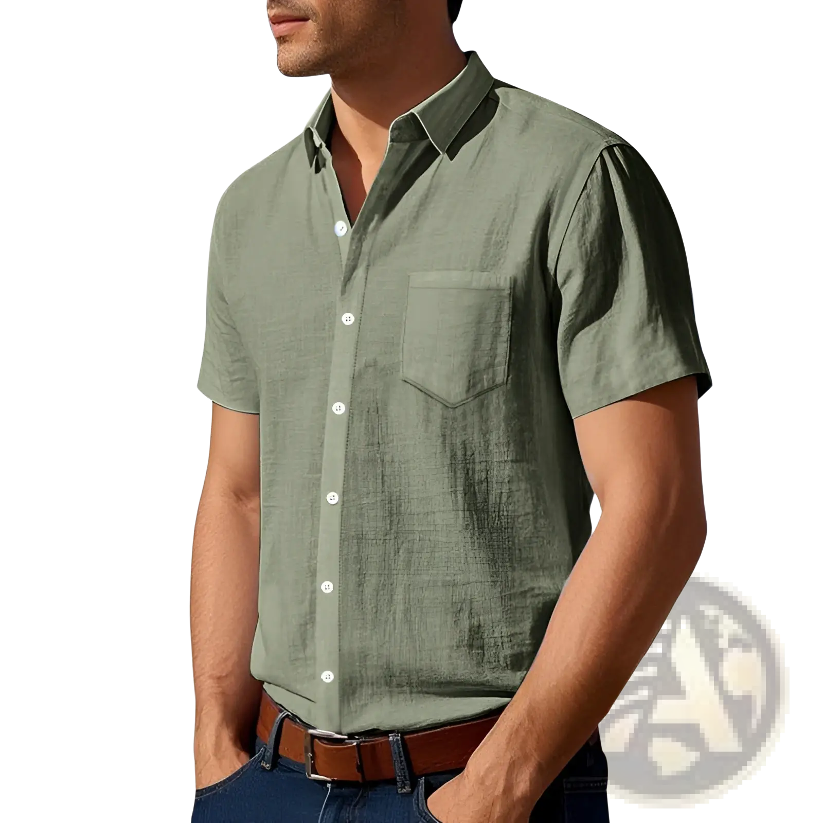 Olive green men linen short sleeve shirt with white buttons and chest pocket casual button down design