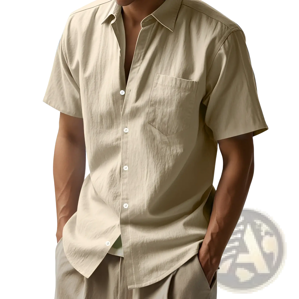 Beige men linen short sleeve shirt with subtle textured fabric chest pocket casual button down design