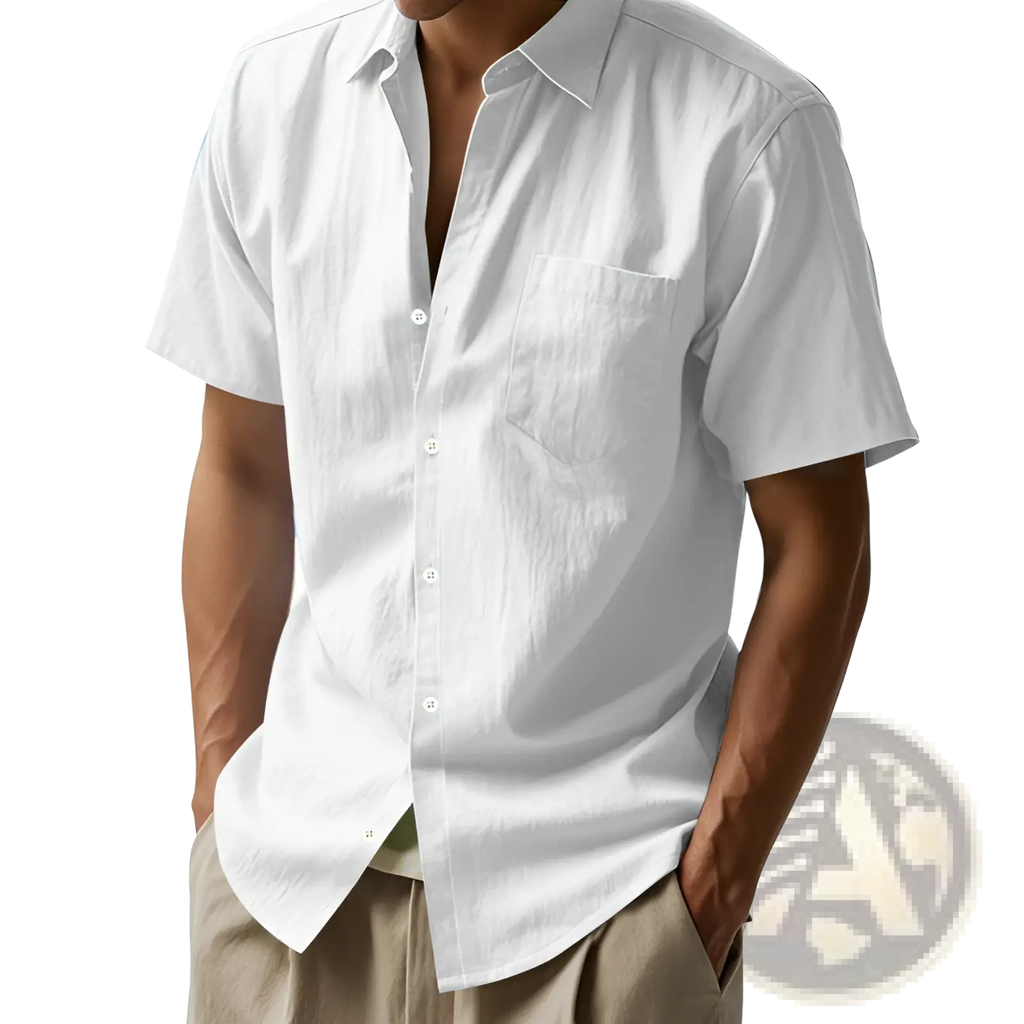 Men linen short sleeve shirt white button down with chest pocket and subtle texture for casual wear