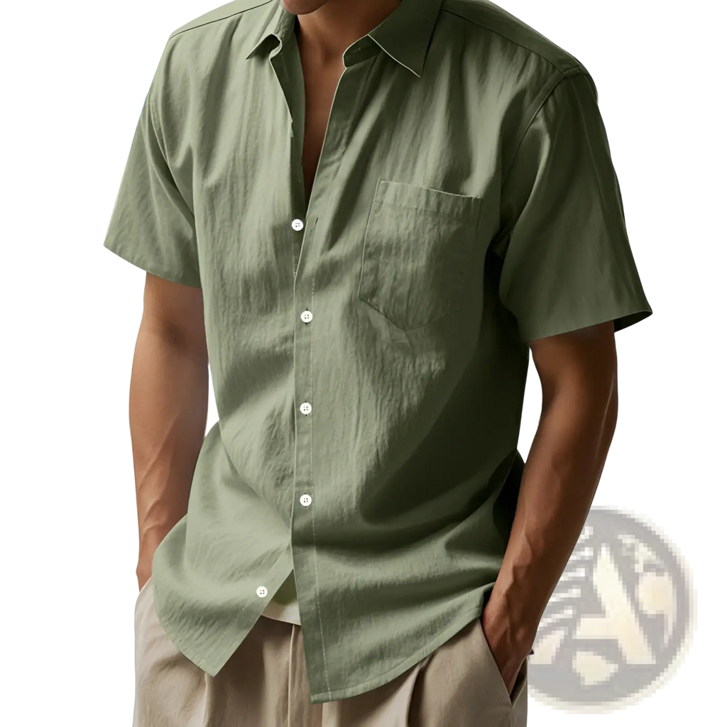 Men linen short sleeve shirt in olive green with subtle textured fabric and single chest pocket for casual wear