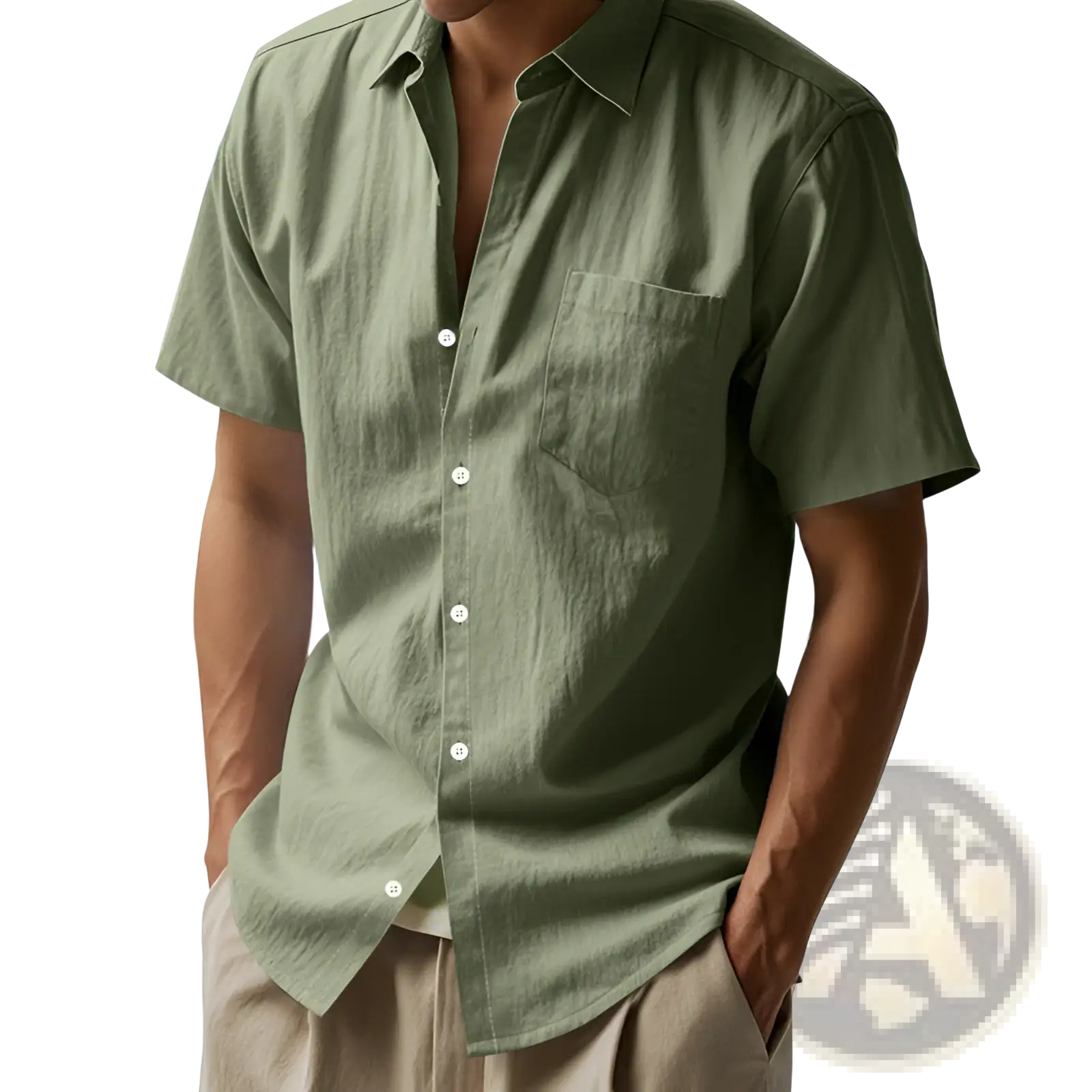 Men linen short sleeve shirt in olive green with subtle textured fabric and single chest pocket for casual wear