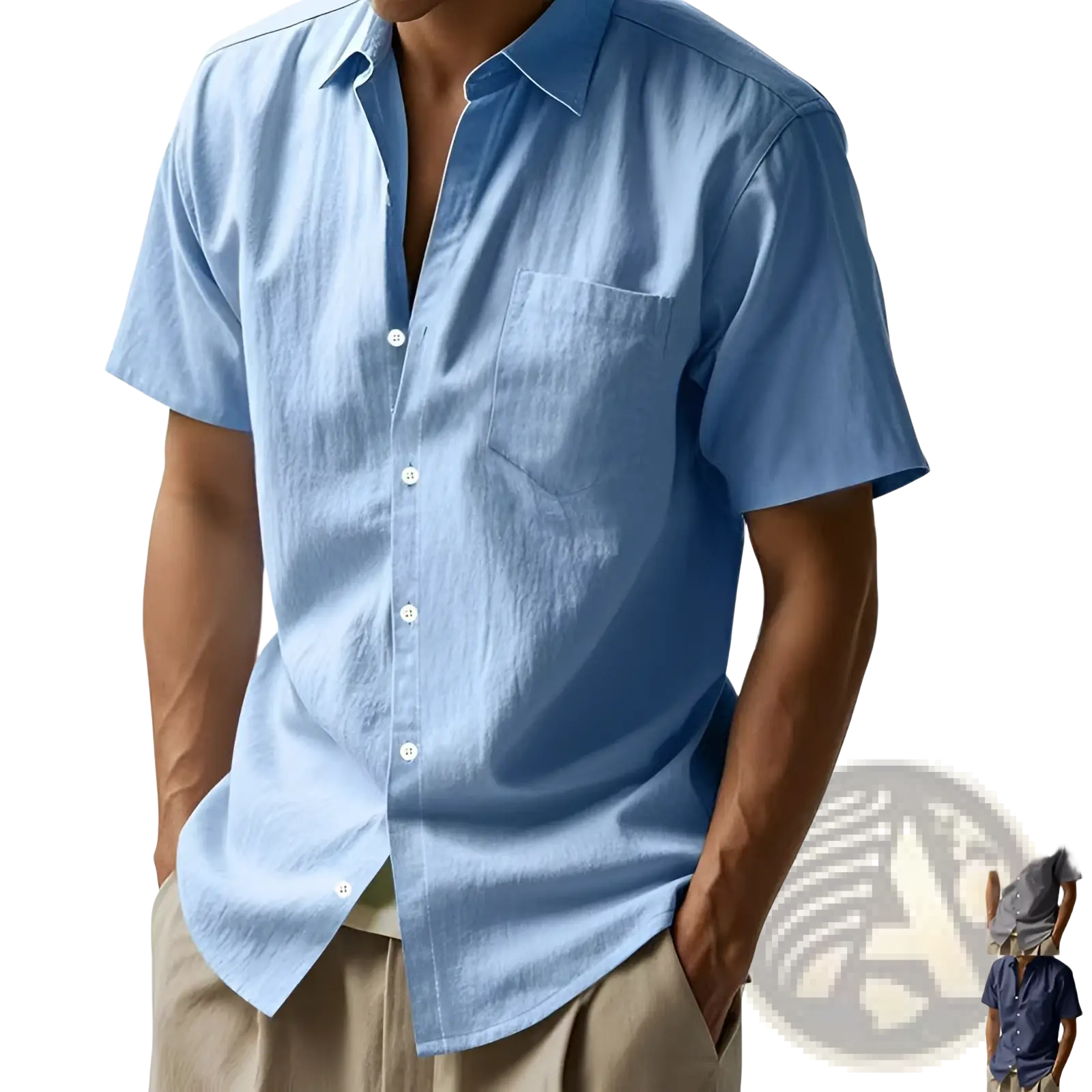 Light blue men linen short sleeve shirt with textured breathable fabric classic collar and chest pocket for casual wear