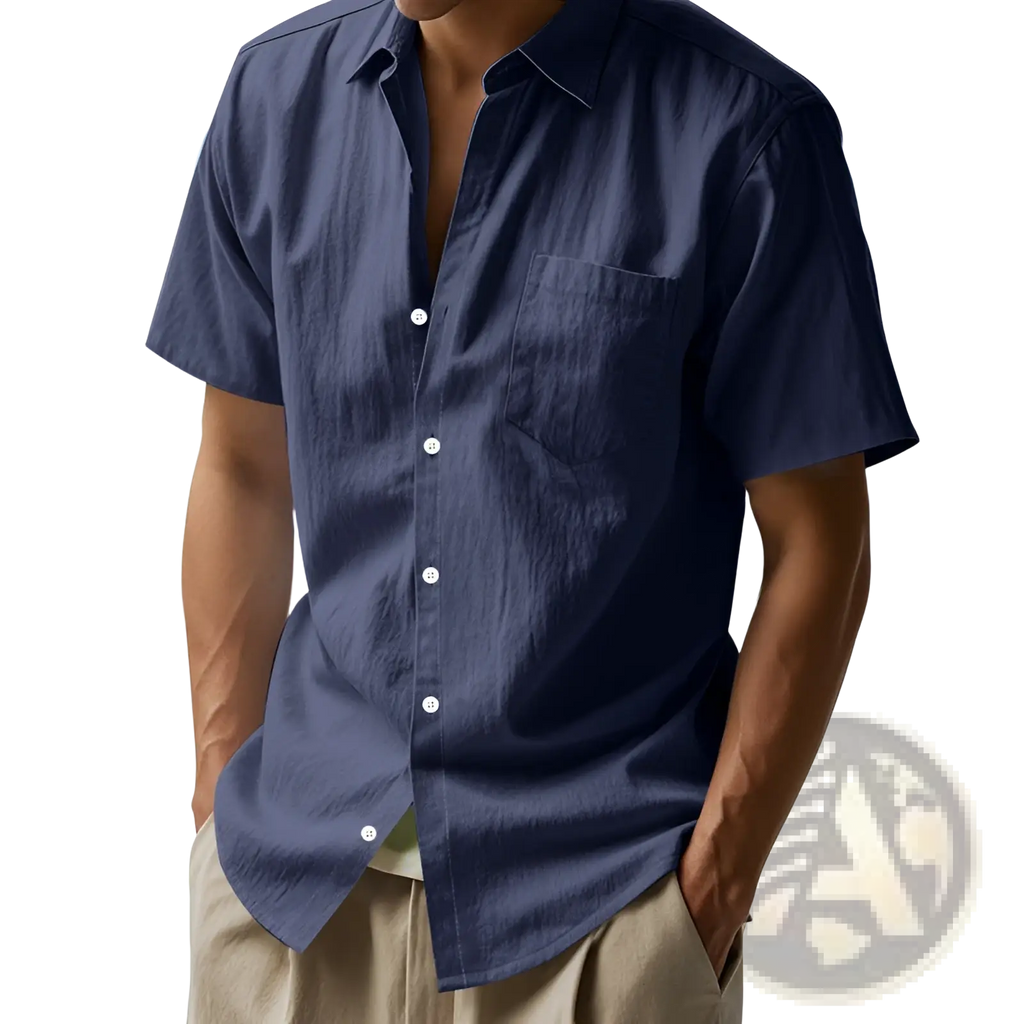 Navy blue men linen short sleeve casual button down shirt with chest pocket and white buttons