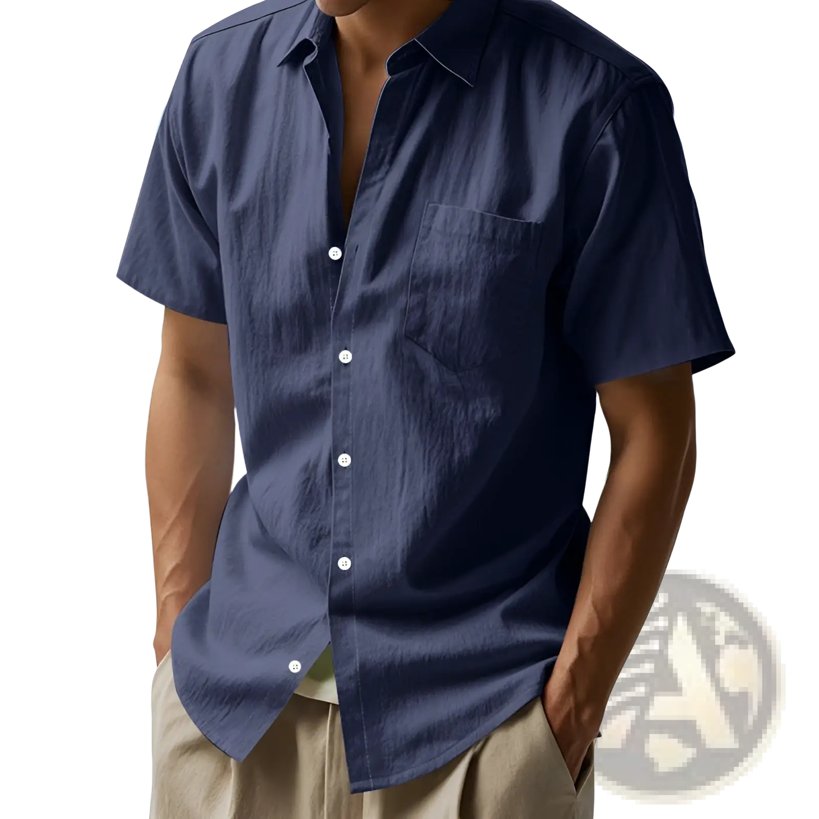 Navy blue men linen short sleeve casual button down shirt with chest pocket and white buttons