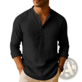 Dark navy men linen stand collar long sleeve henley shirt with rolled-up sleeves and buttoned placket