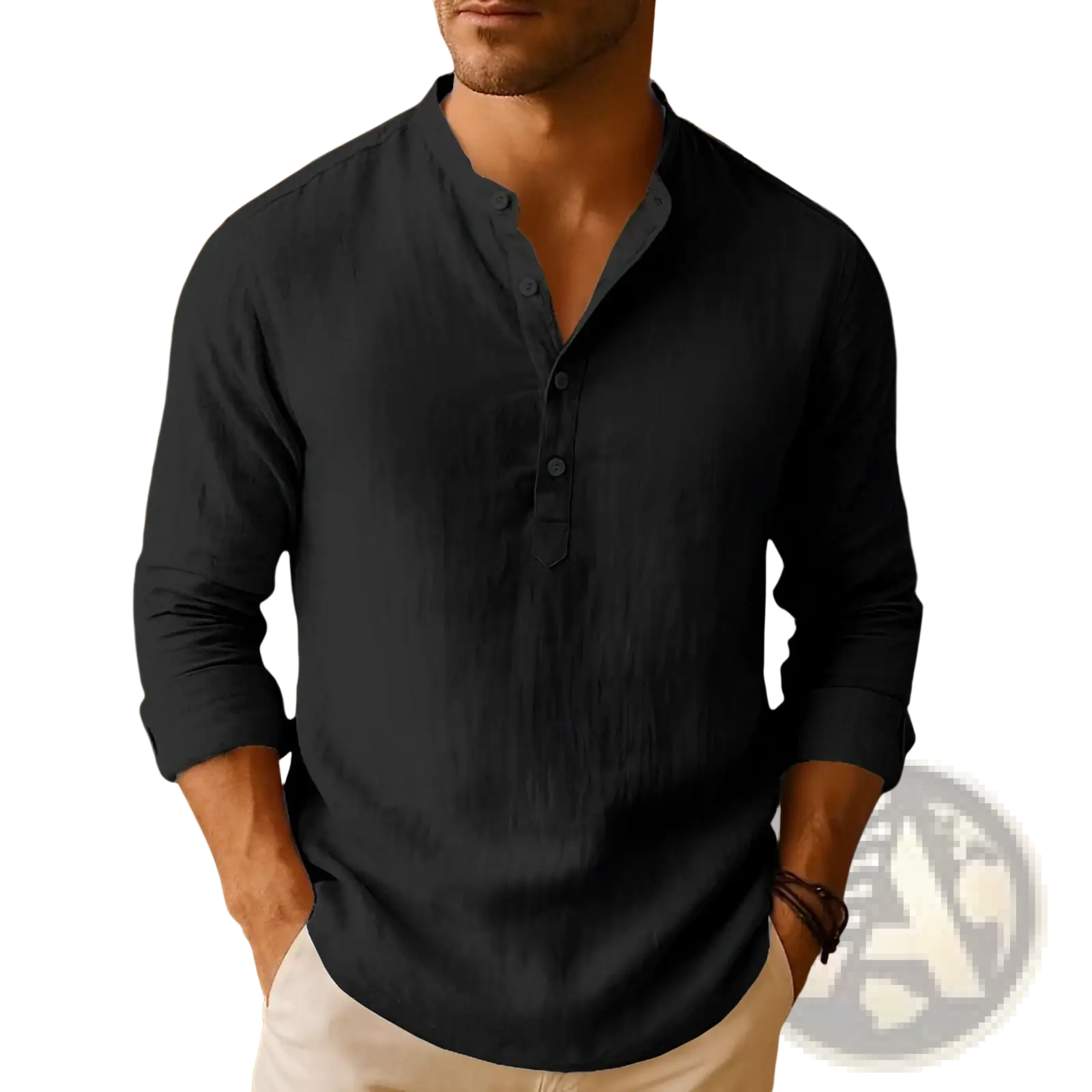 Dark navy men linen stand collar long sleeve henley shirt with rolled-up sleeves and buttoned placket