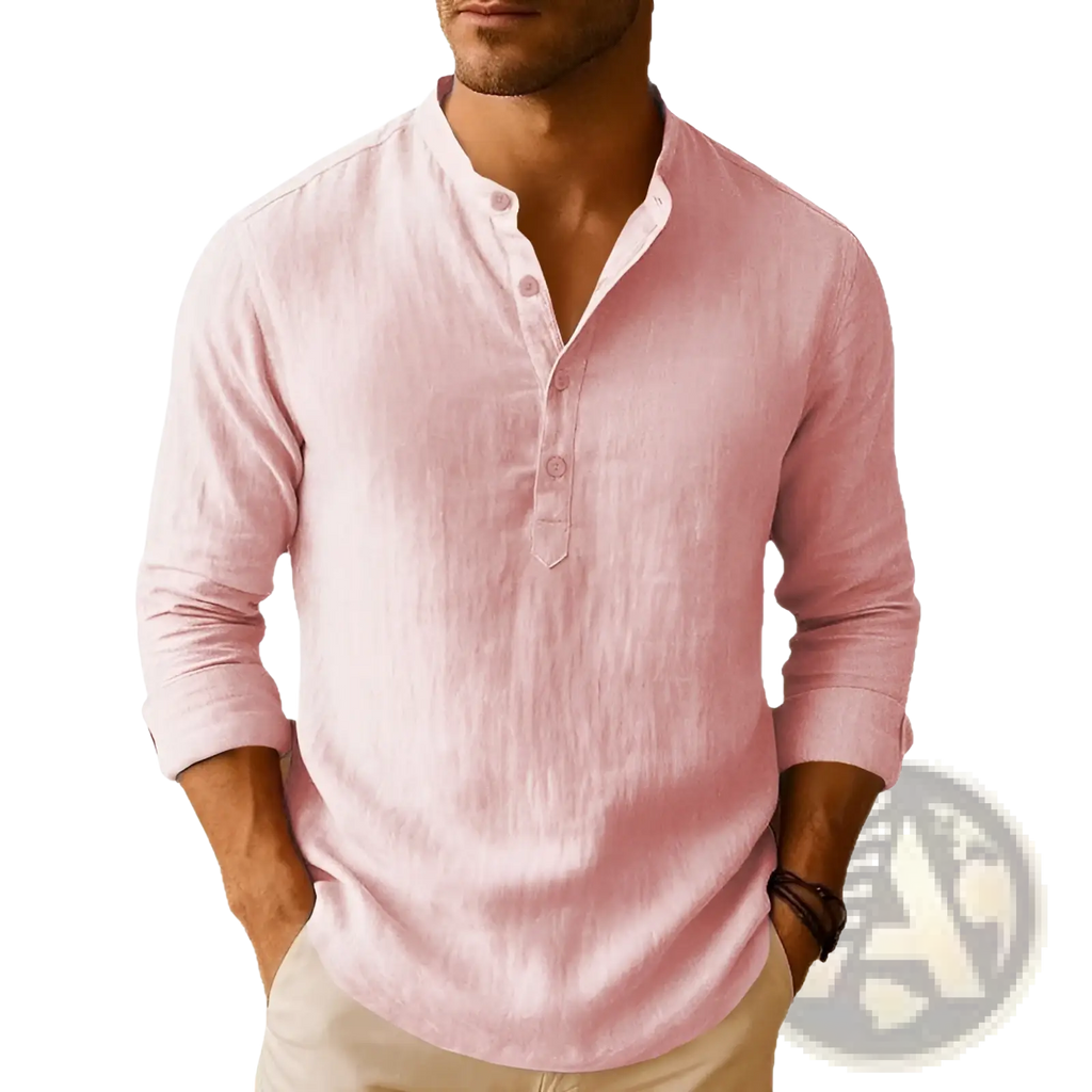 Men linen stand collar long sleeve shirt in light pink with textured weave and buttoned henley placket