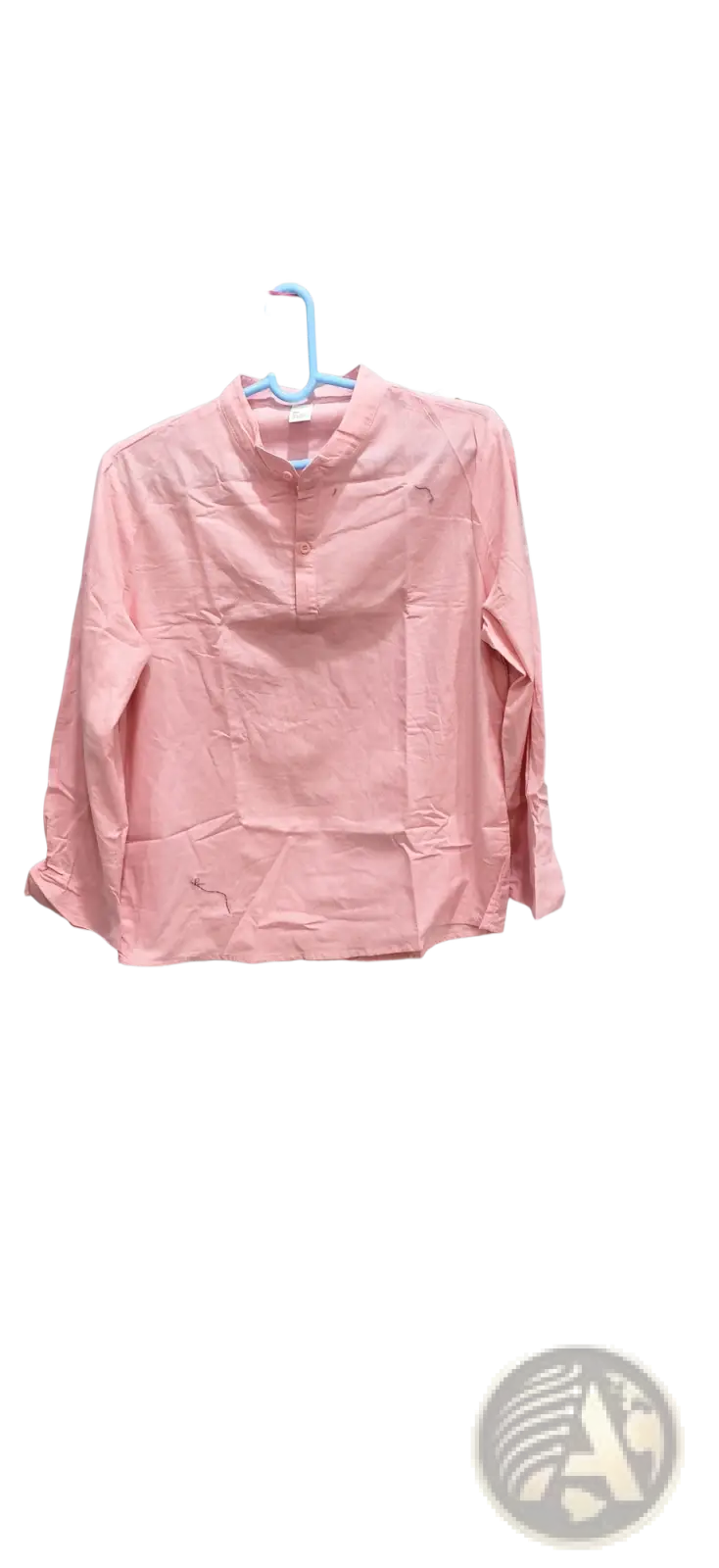 Men linen stand collar long sleeve shirt in soft pink with subtle stitching details and a stand-up collar