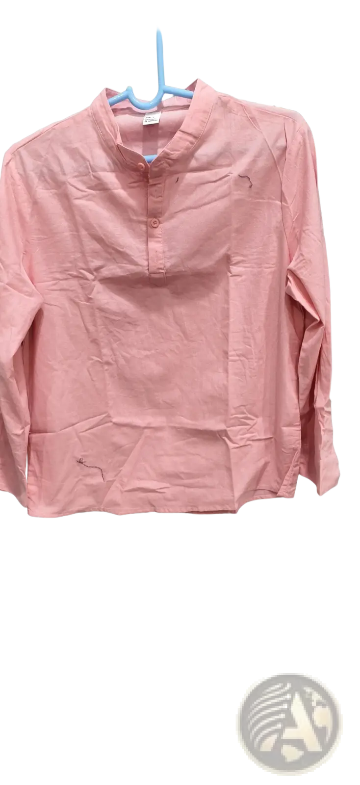 Men linen stand collar long sleeve shirt in soft pink cotton with mandarin collar and button placket
