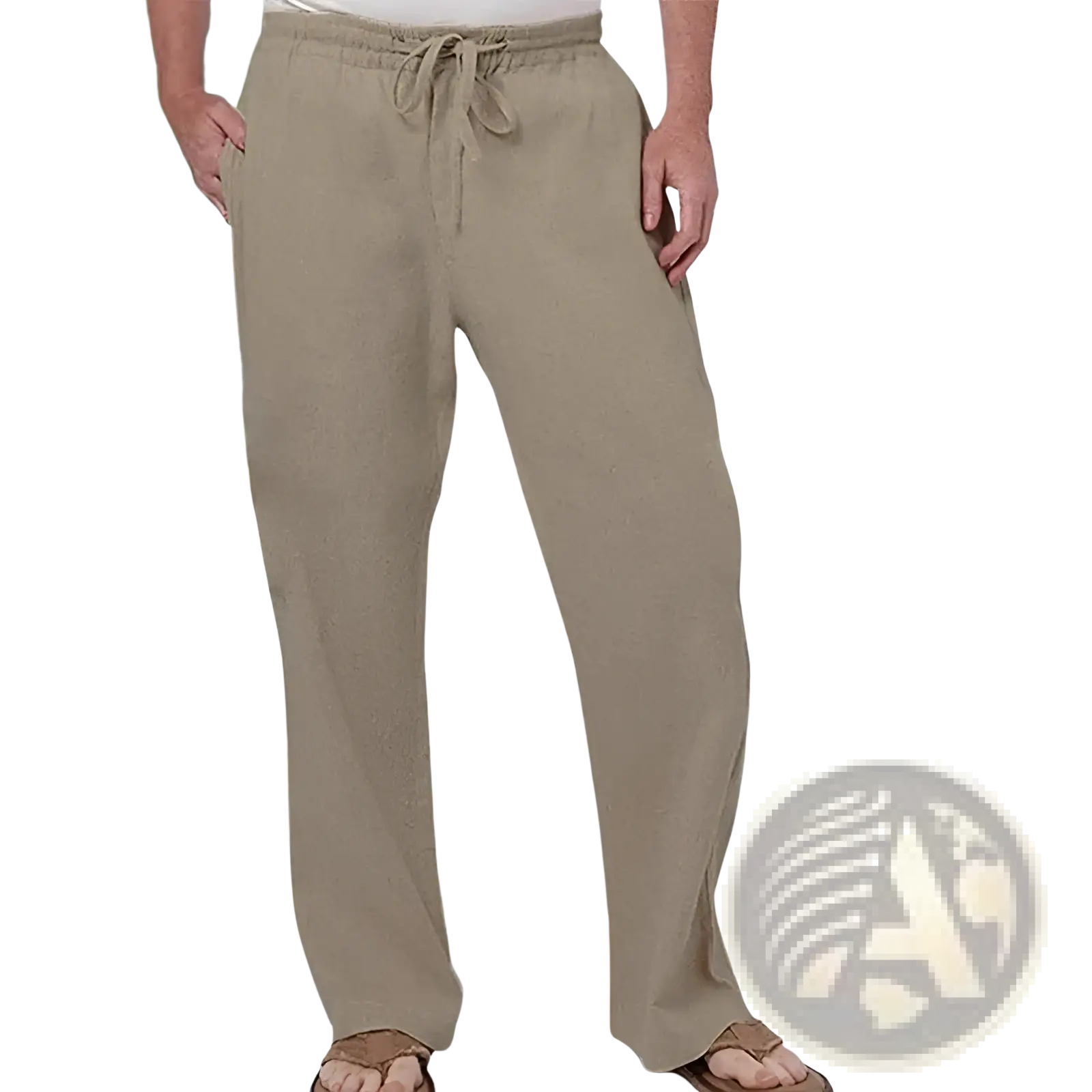 Beige linen straight leg casual pants for men with a relaxed fit and side pockets