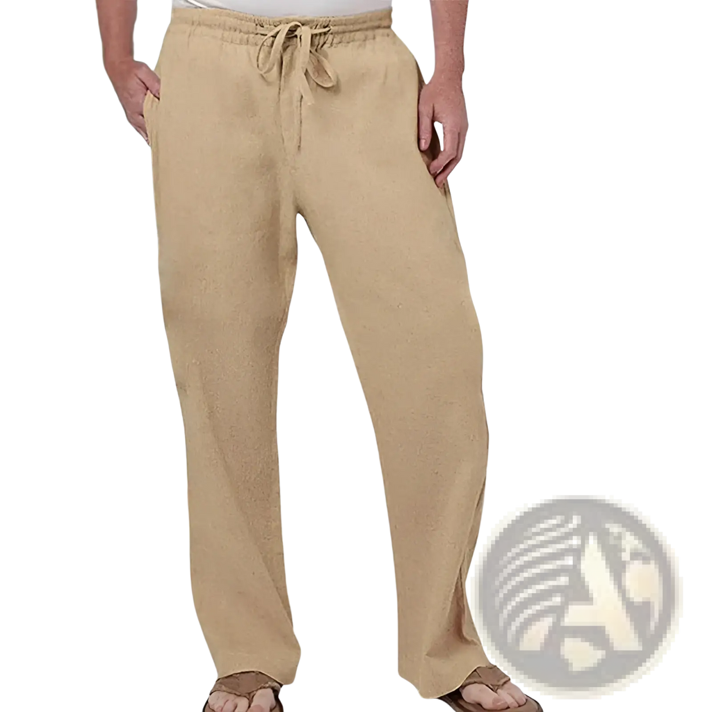 Beige men linen straight leg casual pants with drawstring waistband and relaxed fit made from breathable linen