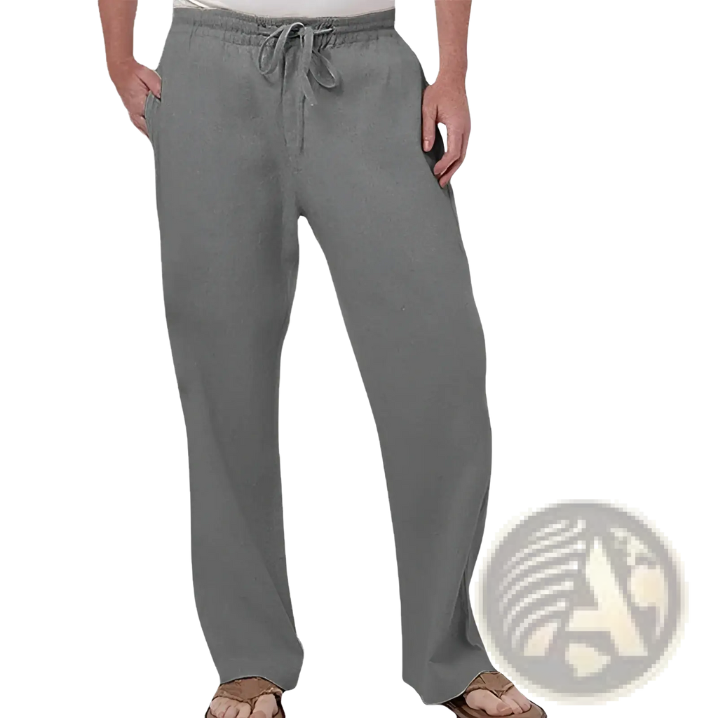 Gray linen men straight leg casual pants with a relaxed fit, drawstring waist, and side pockets
