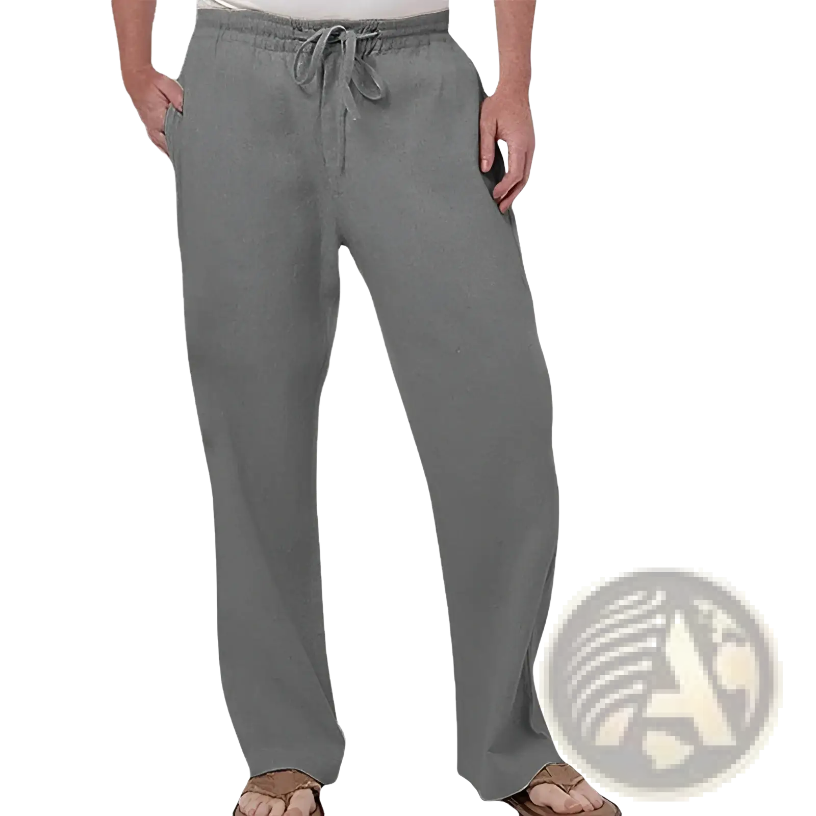 Gray linen men straight leg casual pants with a relaxed fit, drawstring waist, and side pockets