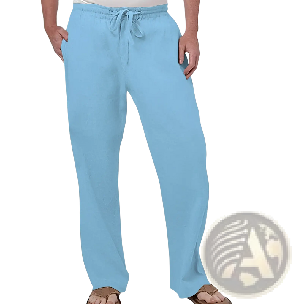 Men linen straight leg casual pants in light blue with loose fit and drawstring made of soft breathable fabric