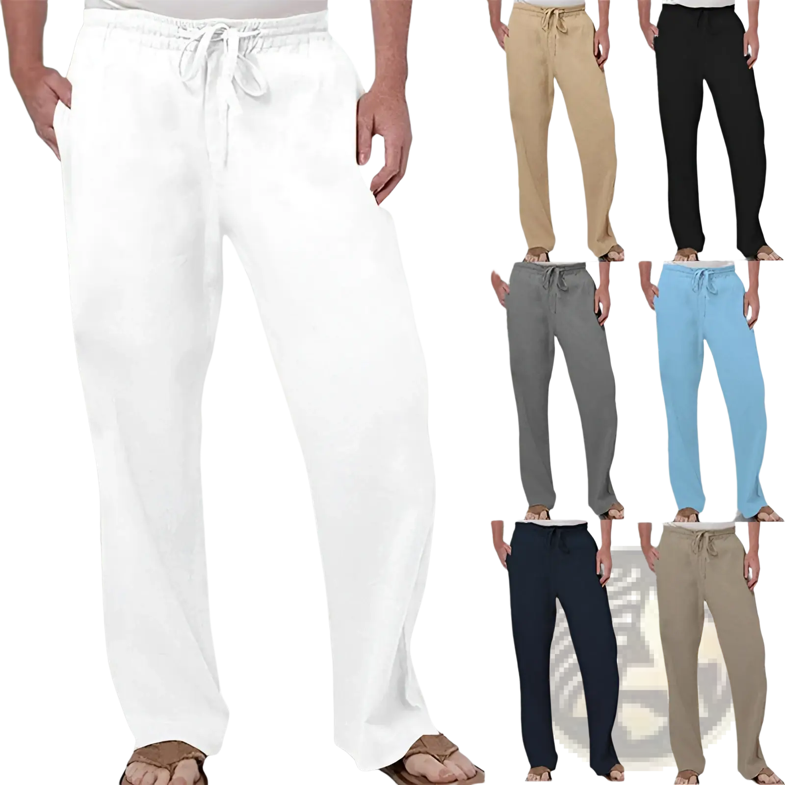 Men linen straight leg casual pants in white linen with a relaxed fit drawstring waist and side pockets