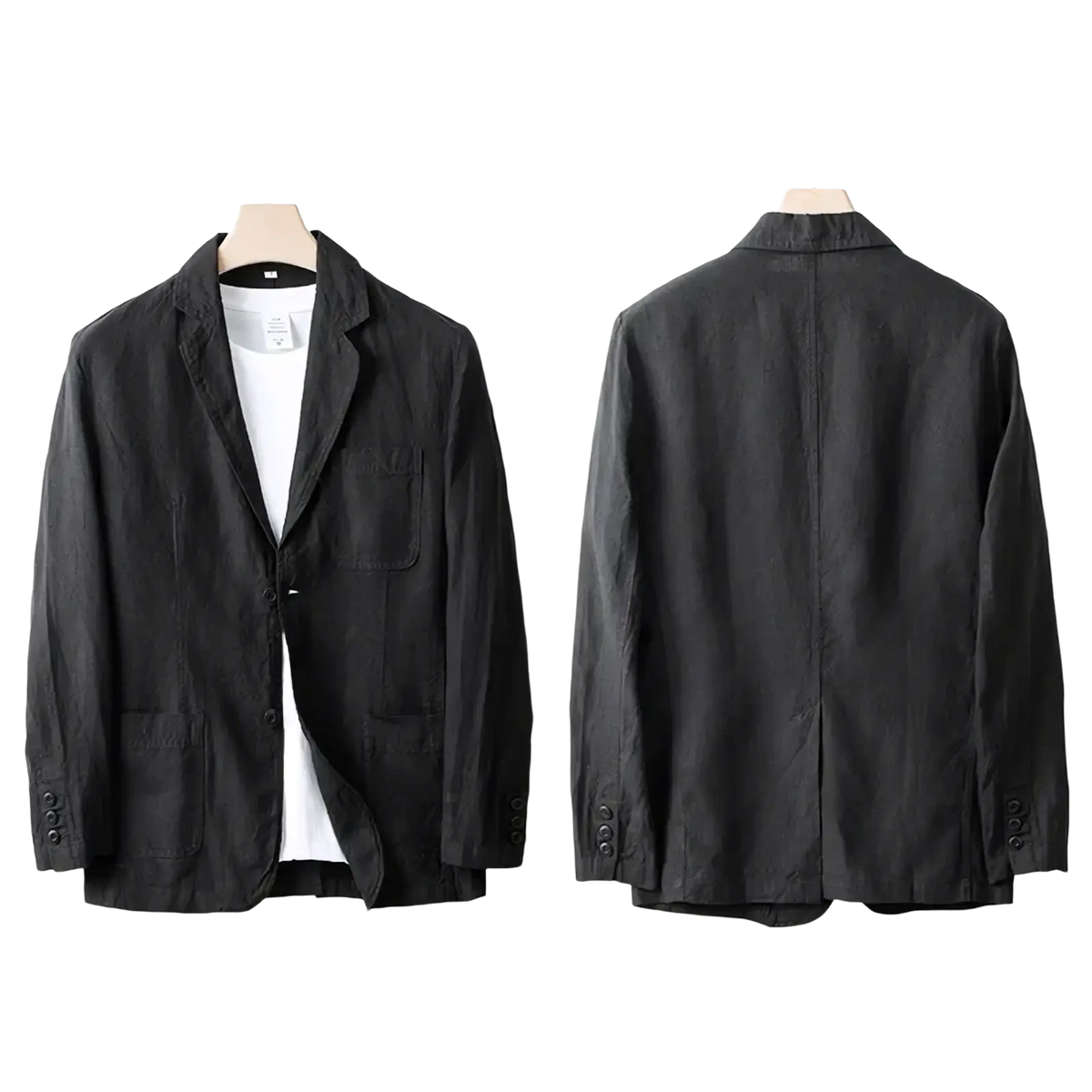 Black linen blazer for men with a relaxed fit two front pockets and buttoned cuffs ideal for summer casual wear