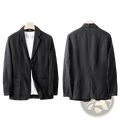 Black linen blazer for men with a relaxed fit two front pockets and buttoned cuffs ideal for summer casual wear