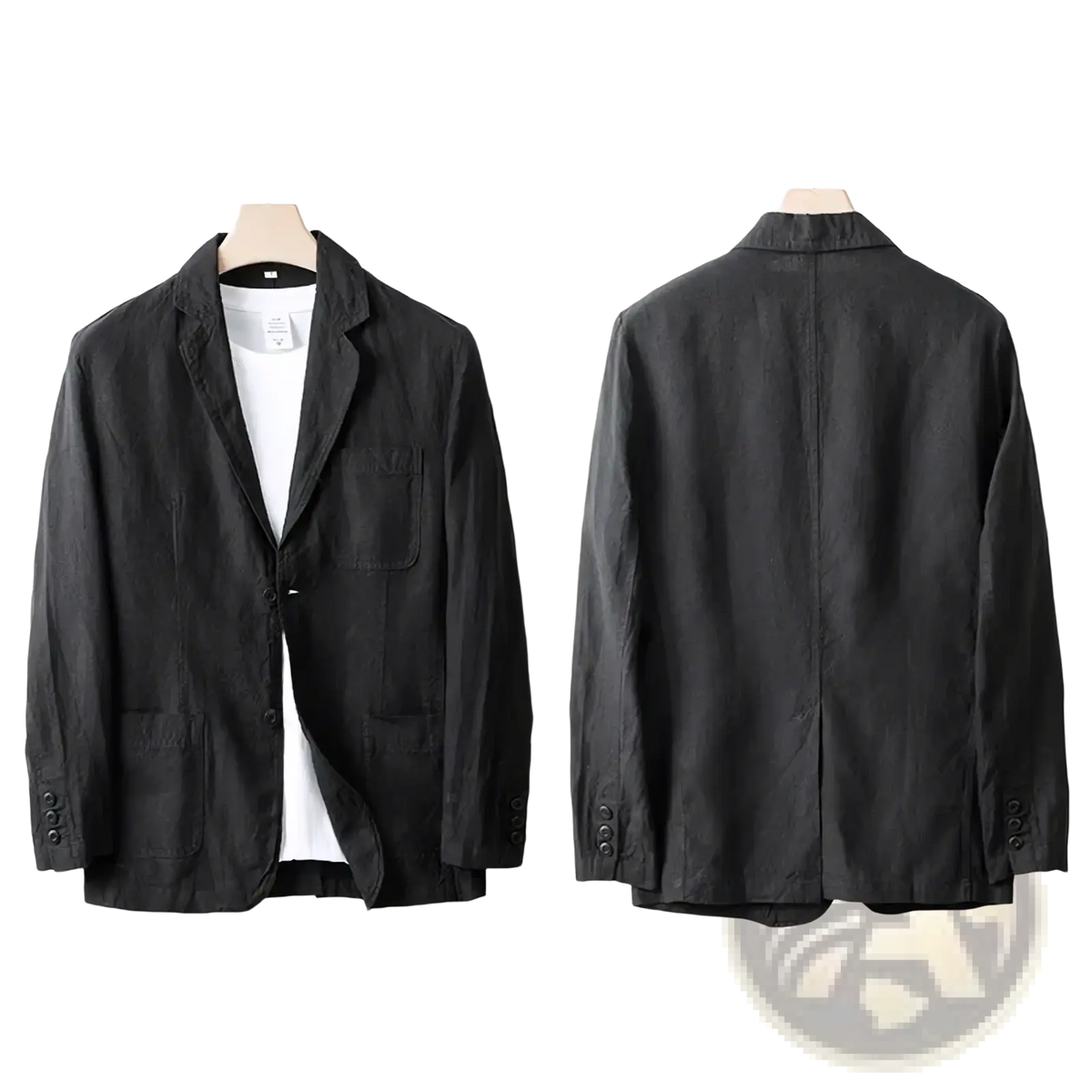 Black linen blazer for men with a relaxed fit two front pockets and buttoned cuffs ideal for summer casual wear