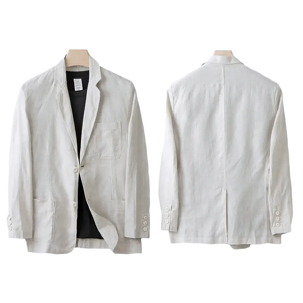 Light beige men linen suit jacket summer casual blazer with single-breasted design buttoned cuffs and flap pockets