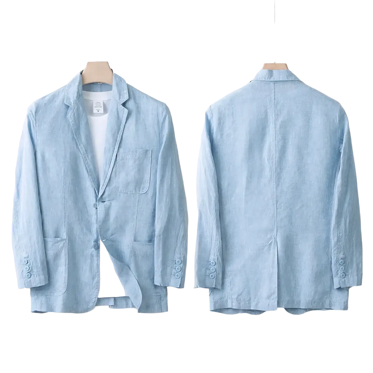 Light blue linen suit jacket for men with a relaxed fit and buttoned cuffs ideal for summer casual wear