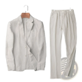 Men linen suit set slim fit casual blazer and matching drawstring trousers in light beige linen fabric