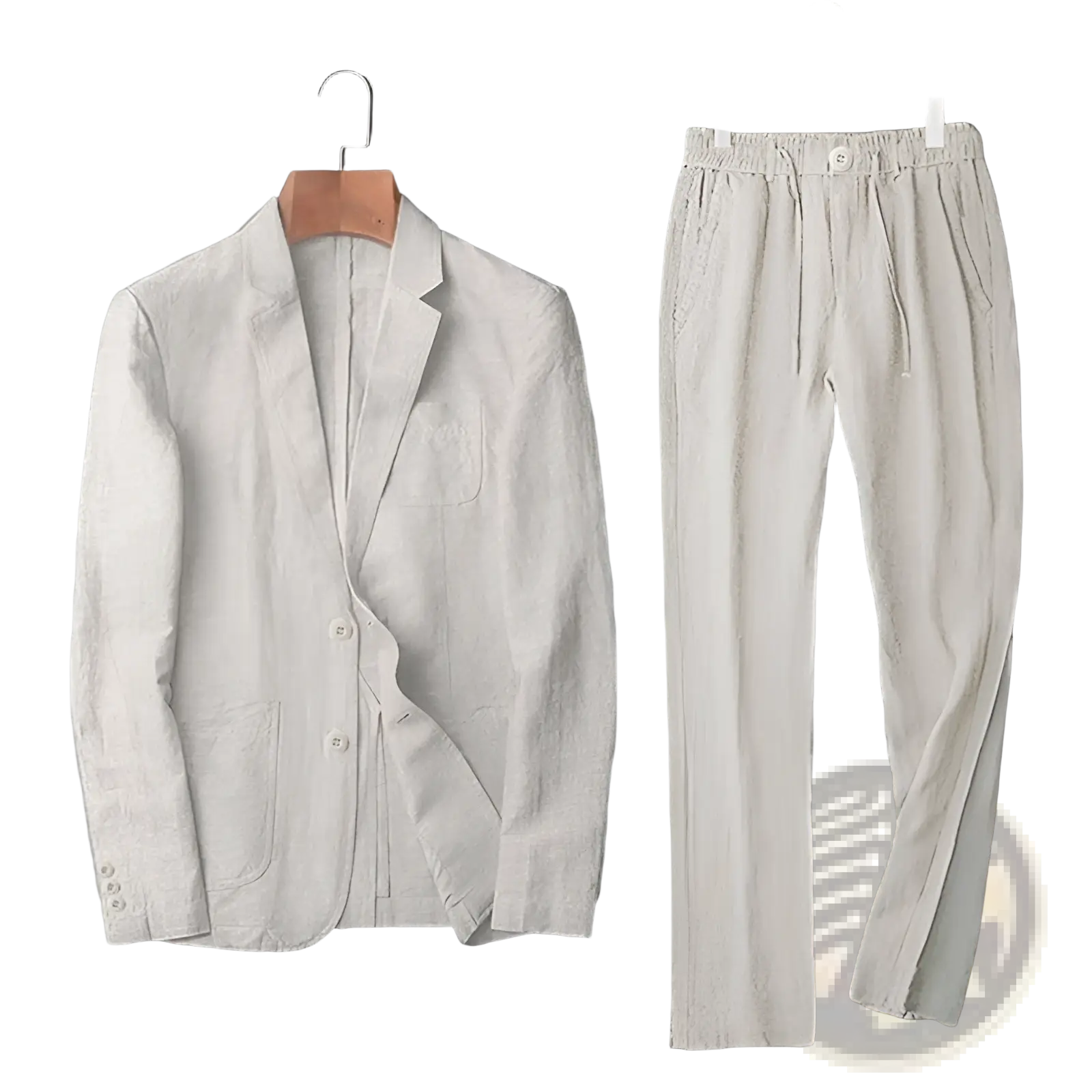 Men linen suit set slim fit casual blazer and matching drawstring trousers in light beige linen fabric