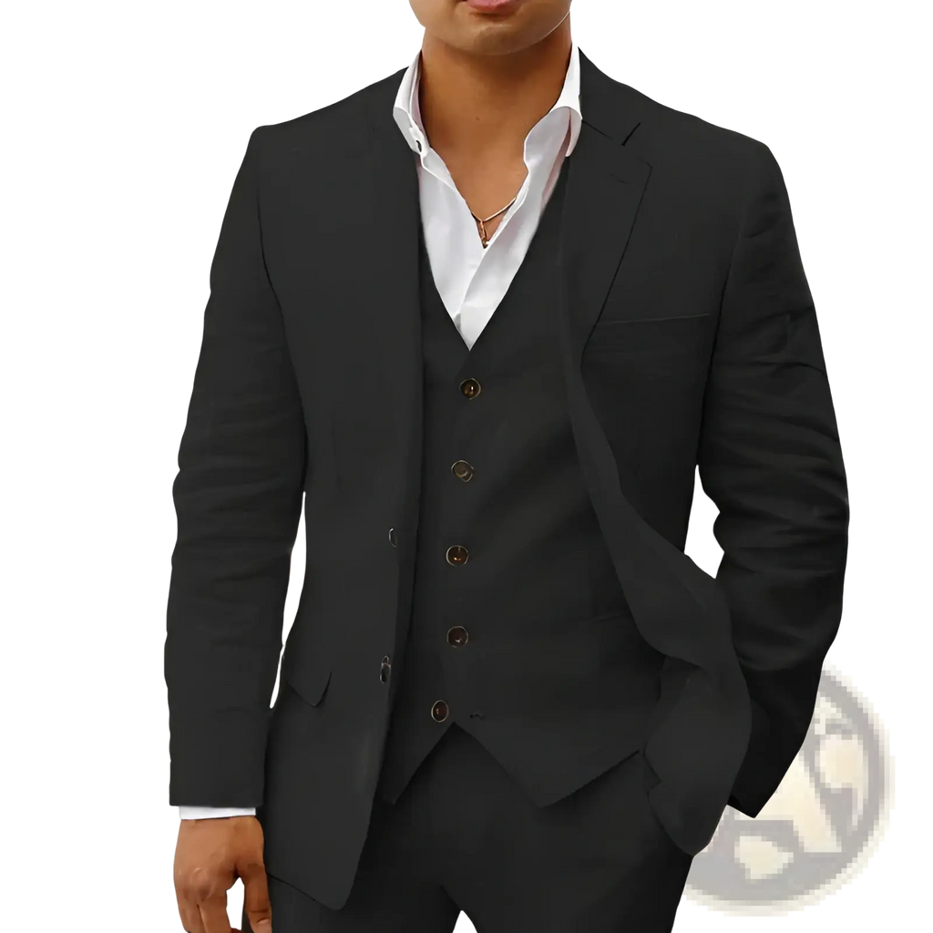 Black men linen three piece suit slim fit with tailored blazer vest and trousers for casual groom banquet wear