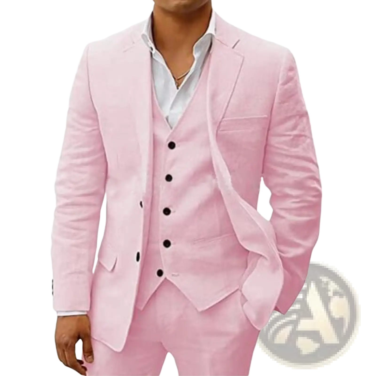 A man wearing a slim fit casual pink linen three piece suit with black buttons suitable for groom banquet events