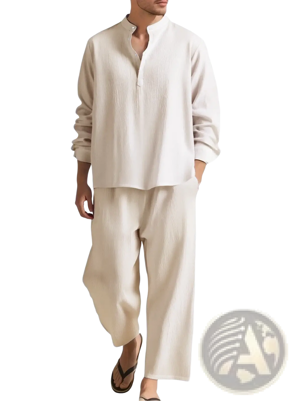 Men linen two piece summer set in beige with mandarin collar shirt and wide-leg trousers in breathable fabric