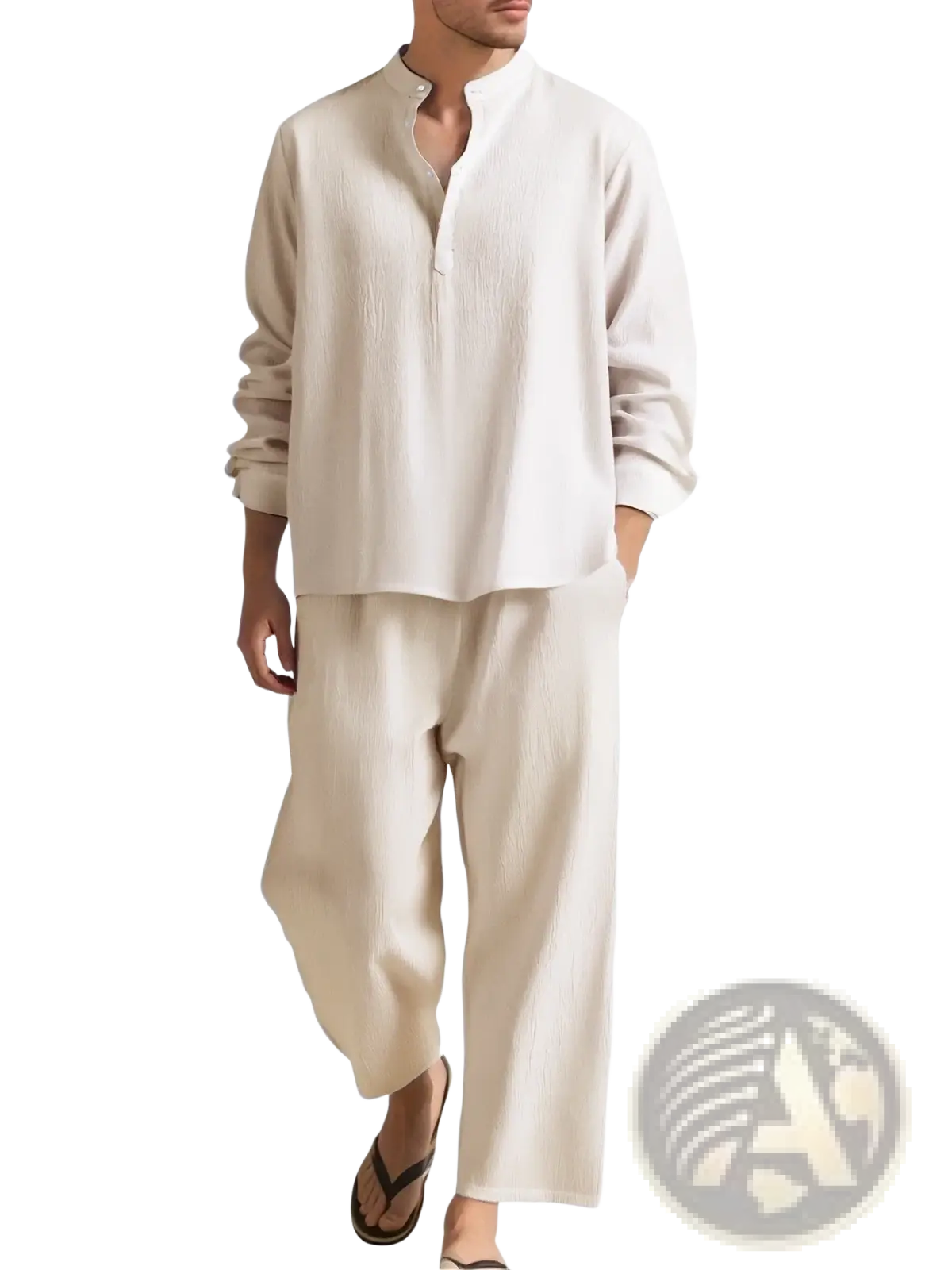 Men linen two piece summer set in beige with mandarin collar shirt and wide-leg trousers in breathable fabric