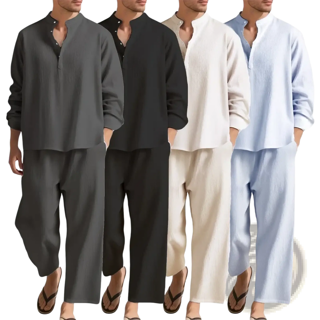 Men linen two piece summer sets in gray black beige and light blue showcasing breathable linen fabric
