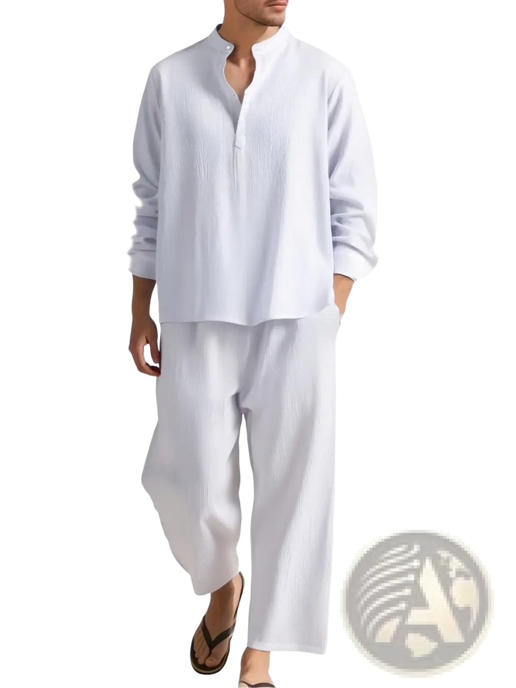 Men linen two piece summer set featuring a white linen pajama with mandarin collar and loose wide-leg pants