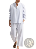 Men linen two piece summer set featuring a white linen pajama with mandarin collar and loose wide-leg pants