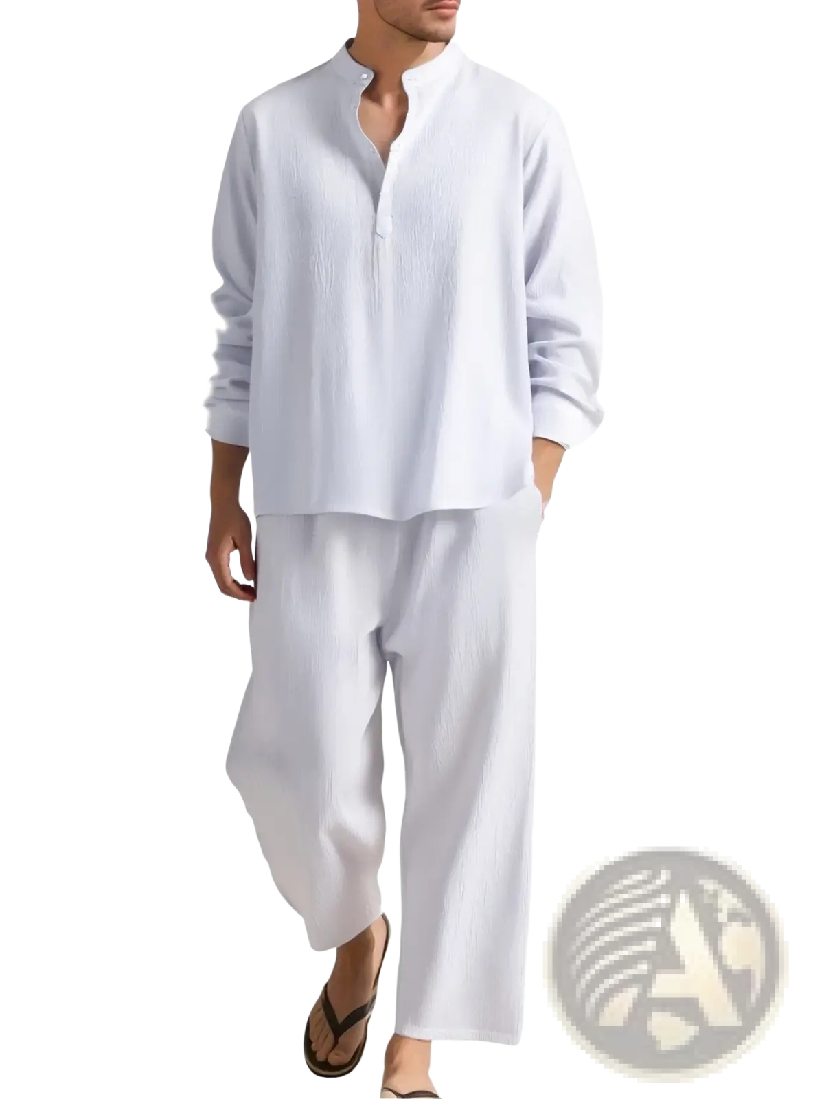 Men linen two piece summer set featuring a white linen pajama with mandarin collar and loose wide-leg pants