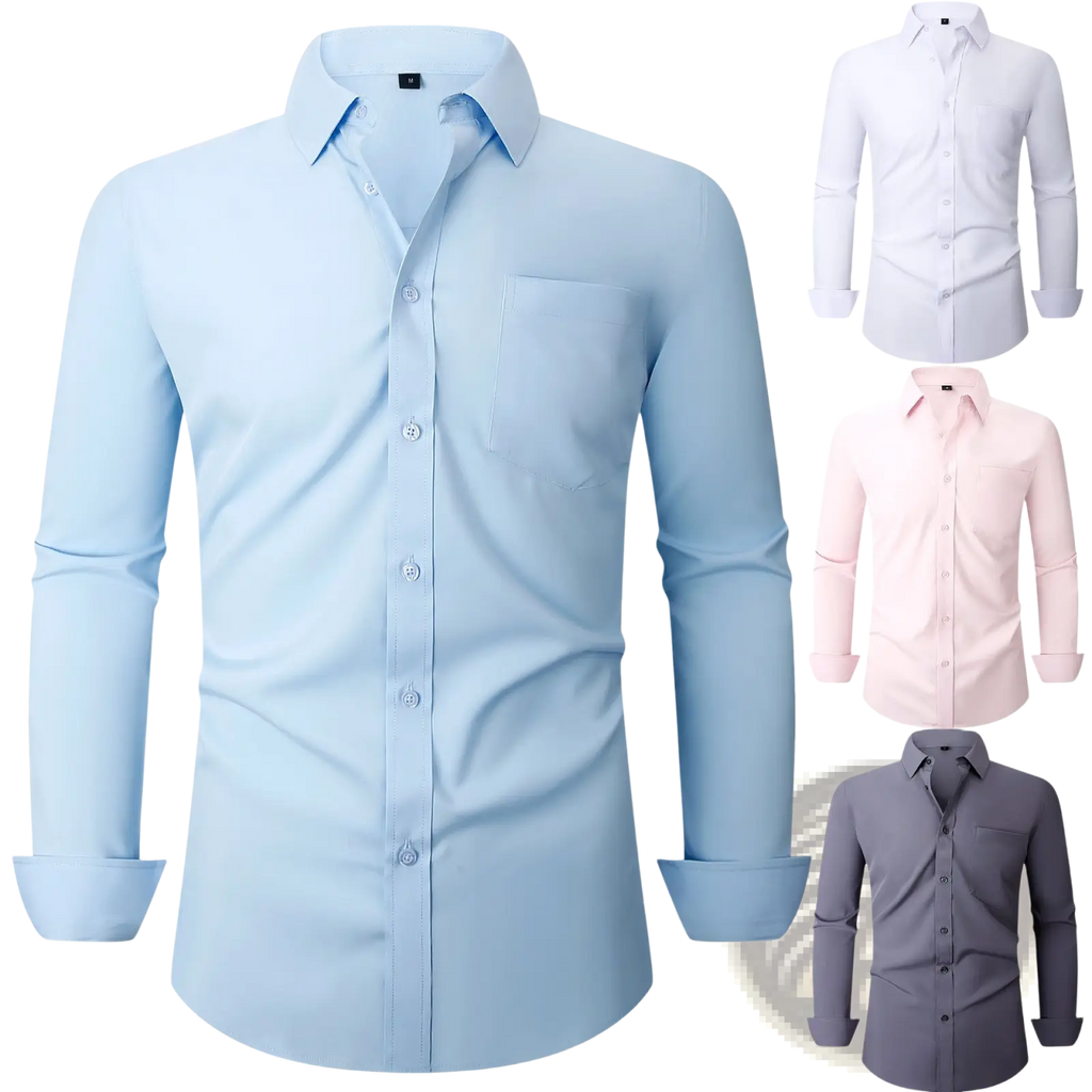 Men long sleeve business dress shirt in light blue slim fit with classic collar and button-down front for formal wear