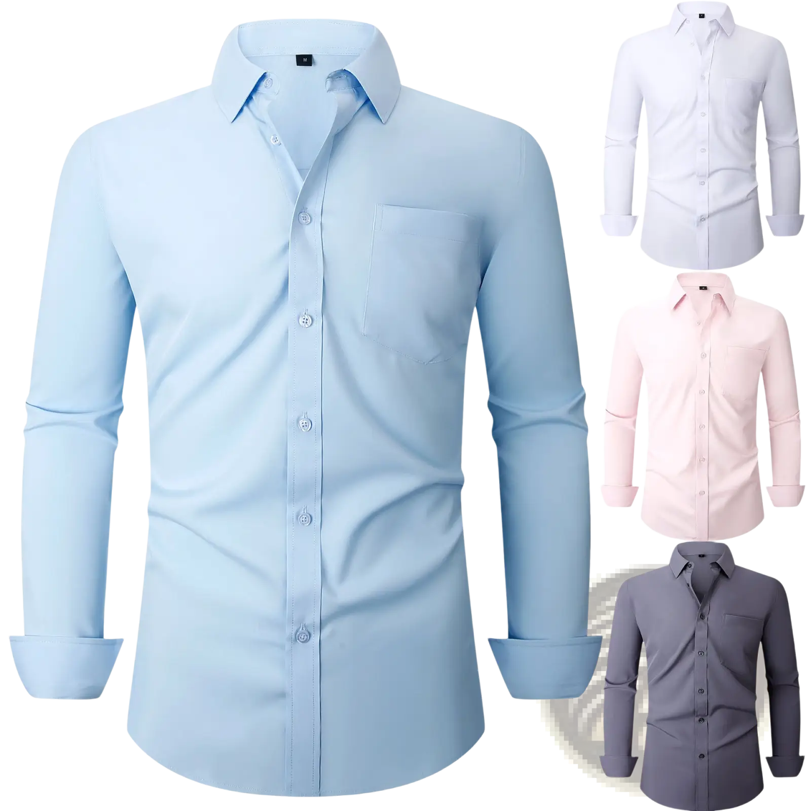 Men long sleeve business dress shirt in light blue slim fit with classic collar and button-down front for formal wear
