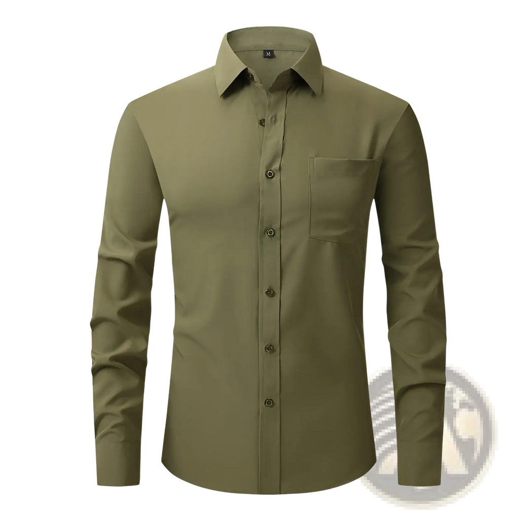 Men long sleeve business dress shirt in olive green with classic collar and button-down front for formal wear