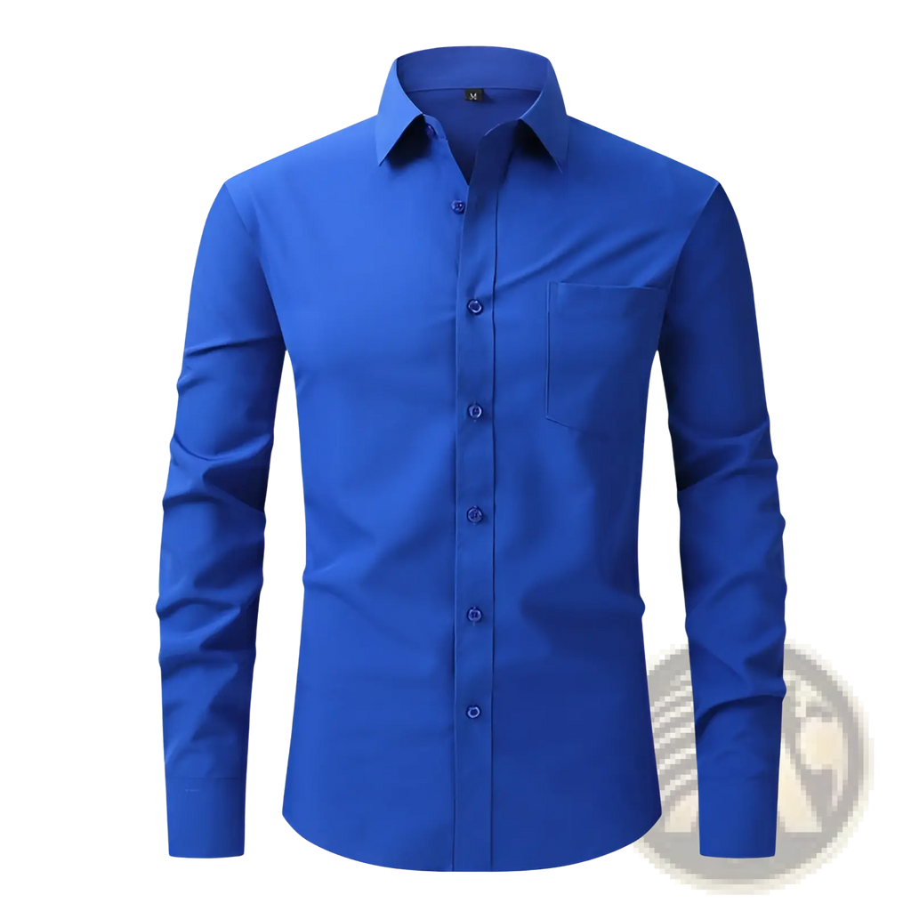Men long sleeve business dress shirt in vibrant royal blue with classic collar and chest pocket for formal wear