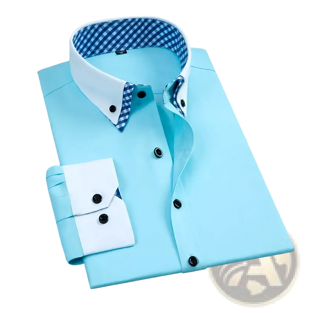 Men long sleeve contrast collar dress shirt in light blue with white collar and cuffs black buttons and checkered lining