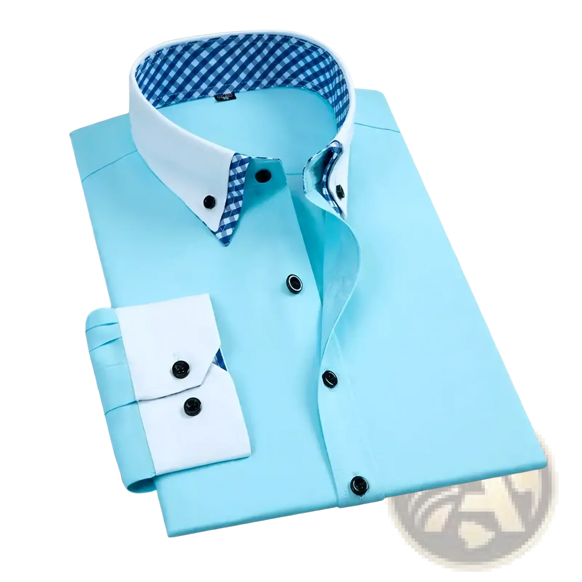 Men long sleeve contrast collar dress shirt in light blue with white collar and cuffs black buttons and checkered lining