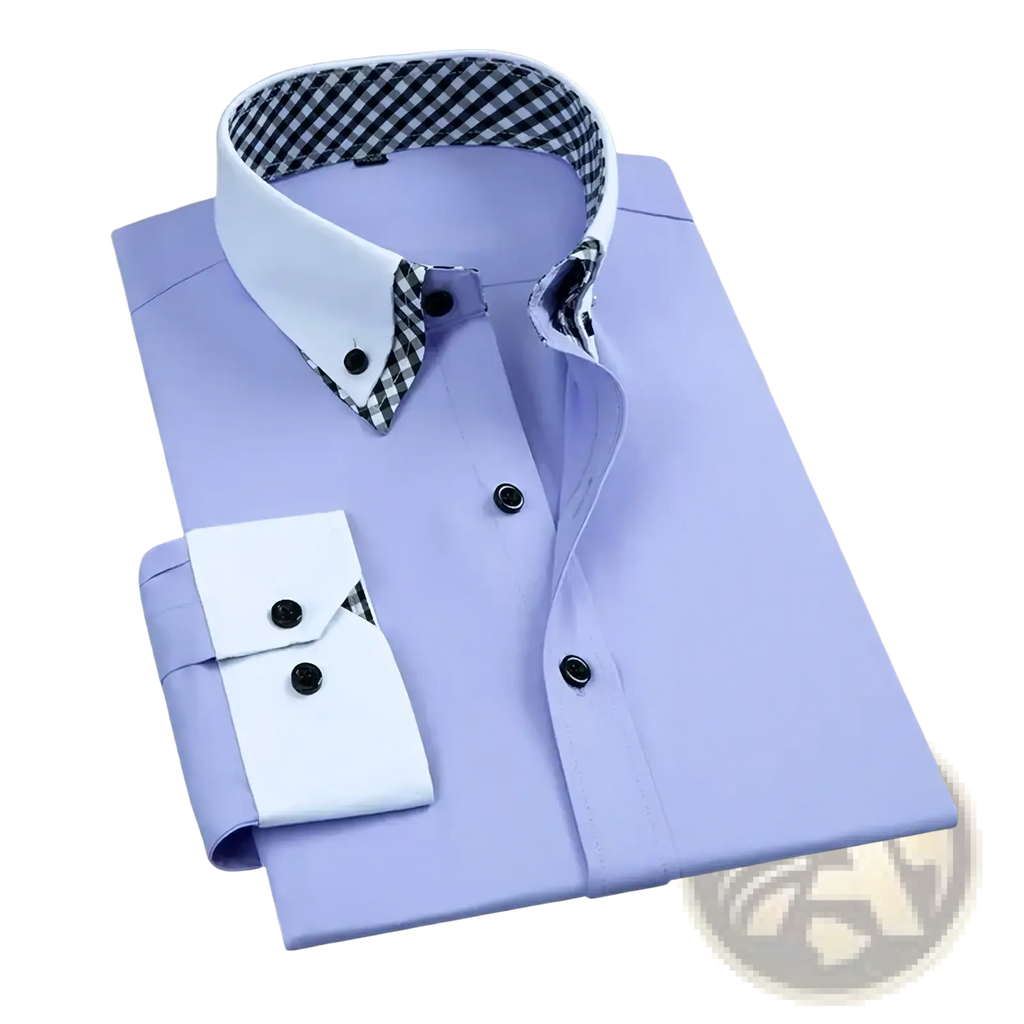 Men long sleeve contrast collar dress shirt in lavender with white collar and cuff featuring black and white checkered lining