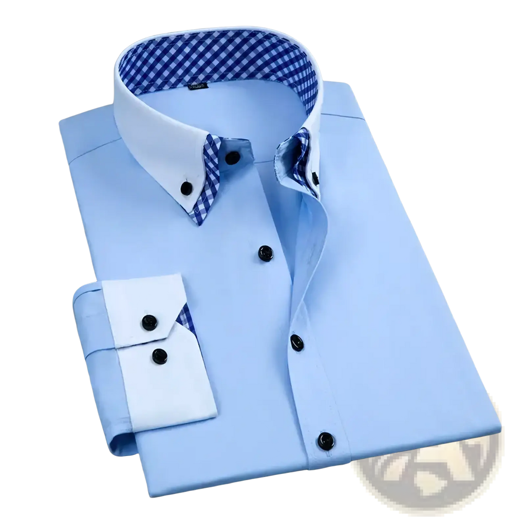 Men long sleeve contrast collar dress shirt in light blue with white collar and cuffs navy checkered lining and black buttons