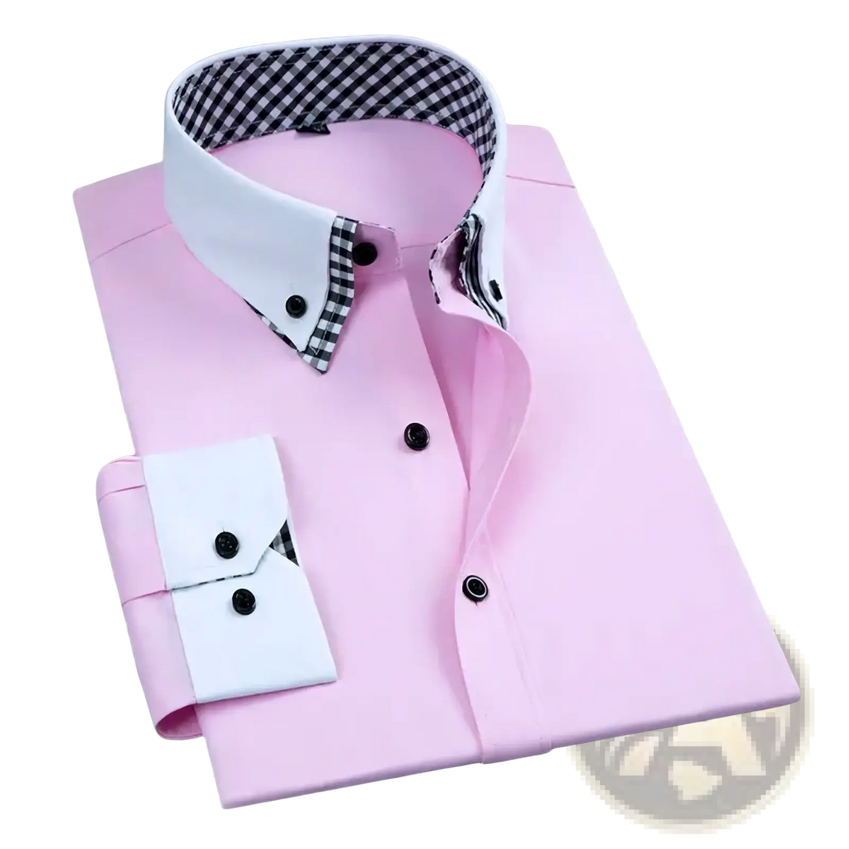 Men long sleeve contrast collar dress shirt in pink with white collar and cuffs featuring black-and-white checkered lining