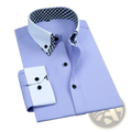 Men long sleeve lavender dress shirt with white contrast collar and cuff featuring black and white checkered lining