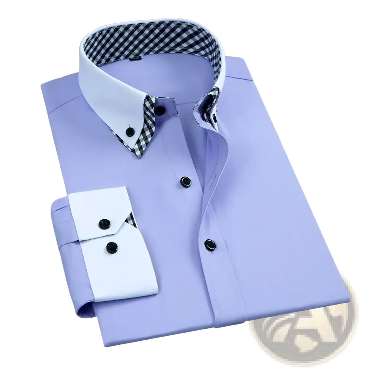 Men long sleeve lavender dress shirt with white contrast collar and cuff featuring black and white checkered lining